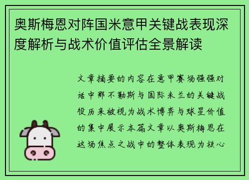 奥斯梅恩对阵国米意甲关键战表现深度解析与战术价值评估全景解读